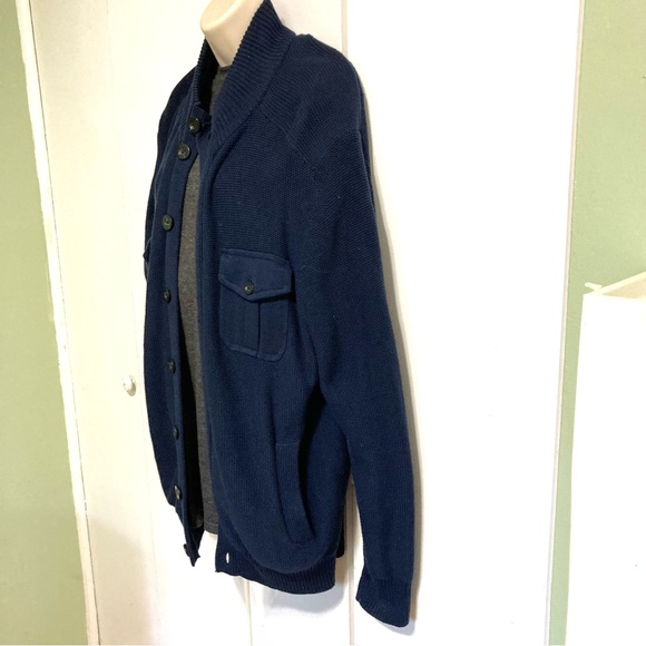 Grandpa Slouchy Cardigan Sweater John Bartlett Navy Blue Cotton  Patched Elbows - Picture 6 of 15